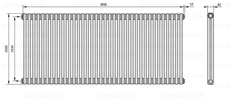 Схема (чертеж) Радиатор Zehnder Charleston 2250/36 №1270 Белый глянцевый RAL 9016